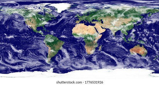 World Texture. Satellite Image Of The Earth. High Resolution Texture Of The Planet With Relief Shading (land Topography) And Atmosphere (clouds). Realistic World Texture (physical Map). 3D Artwork.