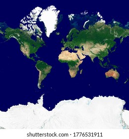 World texture in the Web Mercator projection. Satellite image of the Earth. High resolution texture of the planet without relief shading and atmosphere. 3D illustration.