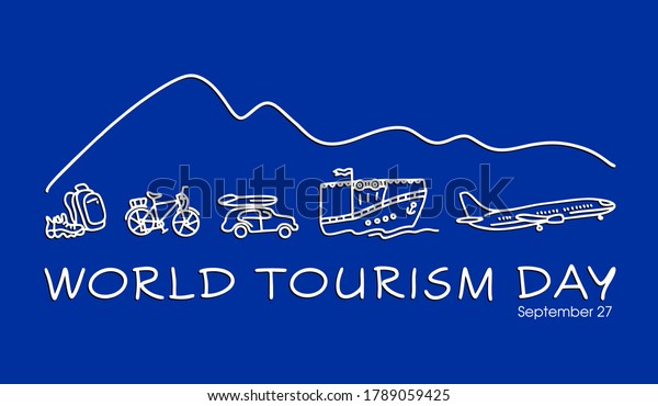 World Tourism Day, 27 September.  White icons on\
blue background. Outline\
style.