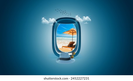 World Tourism Day. Tourism concept banner, poster, social media post, backdrop, greetings card etc. Travel the world, Suitcase with an airplane window. Airplane window and outside views and luggage. - Powered by Shutterstock