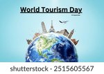 World Tourism Day text post with tourism background.21 september . plane, world, travel icons. 