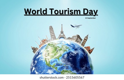 World Tourism Day text post with tourism background.21 september . plane, world, travel icons.  - Powered by Shutterstock