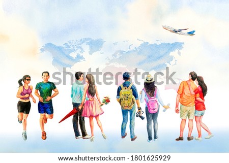 World tourism day. Watercolor painting illustration Asian couple with backpack going traveling with airplane and  world map background, popular trip tour.