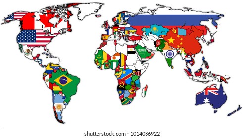 World Trade Organization member countries flags on world map with national borders