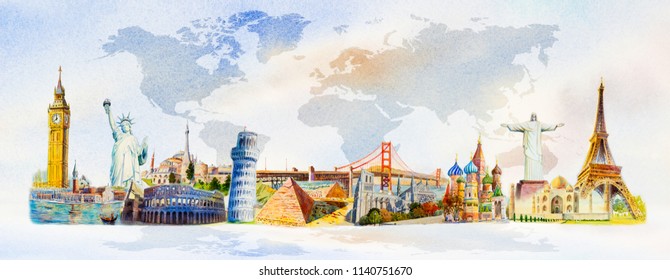 World travel and sights. Famous landmarks of the world grouped together. Watercolor hand drawn painting illustration on world map background. 