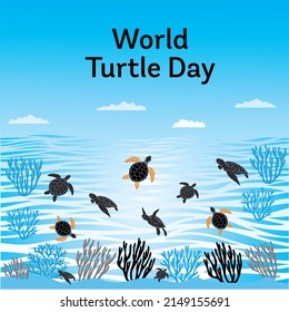 World Turtle Day. Turtle swims in the ocean against. Template for background, banner, card, poster. - Powered by Shutterstock