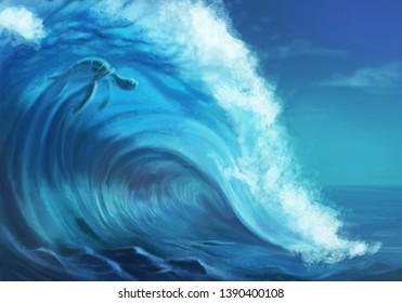 World turtle day - turtle in the wave of the sea - art illustration - Powered by Shutterstock