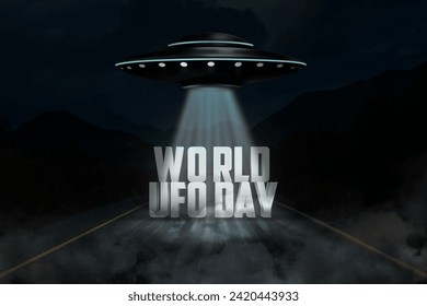 World UFO Day. Alien spaceship emitting light beam with words over highway at night - Powered by Shutterstock