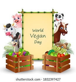 World Vegan Day text on sign with vegetables and a farm animals - Powered by Shutterstock