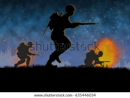 World War 2 image with US soldier silhouette on a  battlefield. Original illustration.