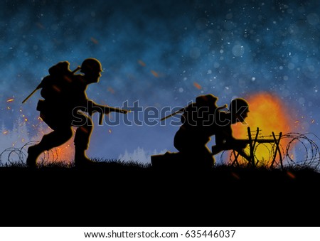 World War 2 image with US soldier silhouette on a  battlefield. Original illustration.