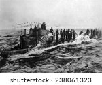 World War I, crew of the German U-boat U-58 on deck as it is captured by the American Navy, U.S. Navy photo, 1918
