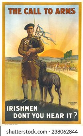 World War I, Irish military recruitment poster. The text reads: The call to arms. Irishmen don't you hear it?, by David Allen & Sons Ltd., 1915.