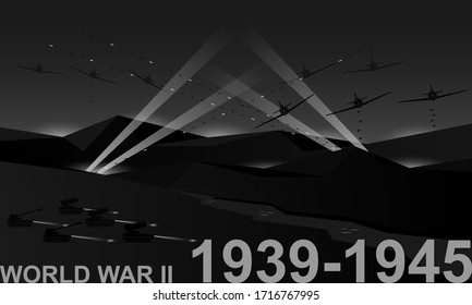 World War II 1939-1945 Black And White  Illustration. Night Battlefield Scene Monochrome Icon.