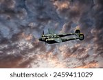 World War II Aircraft. WWII aircraft soar with a majestic defiance, their silhouettes etched in the fiery hues of a setting sun, embodying both the courage and the turbulence of that historic era.