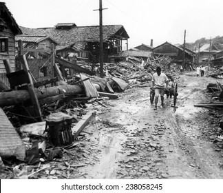 World War II Atomic bombing aftermath in suburb four miles outside of center of Nagasaki Japan