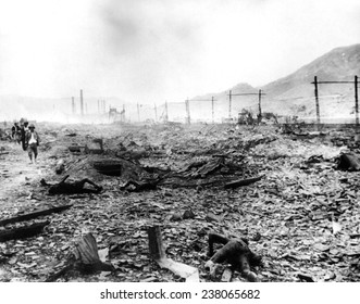 World War II charred bodies laying amongst the destruction from the Atomic Bombing of Nagasaki Japan