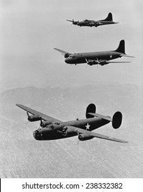 World War II, United States Planes In Echelon Formation, From The Top: Boeing Flying Fortress B17, Douglas Transport, Consolidated Liberator B-24, Ca 1942.