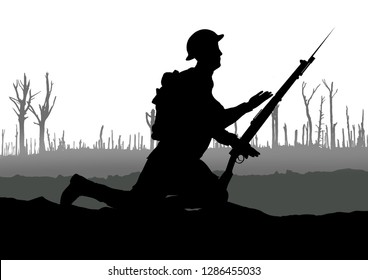 World War One British Soldier Silhouette On A Battlefield. 1914 - 1918 Uniform. Original Digital Illustration.