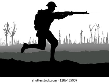 World War One British Soldier Silhouette On A Battlefield. 1914 - 1918 Uniform. Original Digital Illustration.