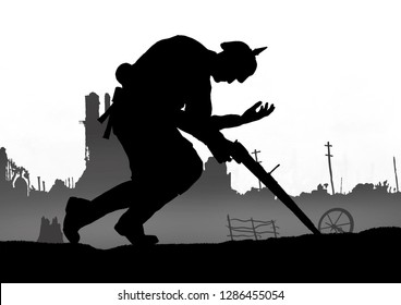 World War One German Soldier Silhouette On A Battlefield. 1914 - 1916 Uniform. Original Digital Illustration.