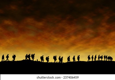 World War One Soldiers Silhouettes Below Cloudy Skyline At Dusk Or Dawn