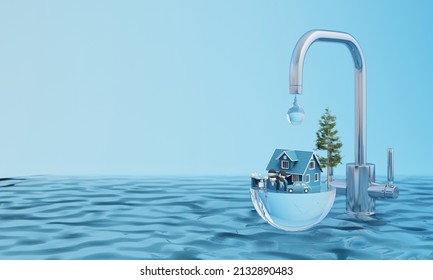 World Water Day Saving Water Quality Campaign And Environmental Protection Concept. Faucet And Water Drop With Family Life House Car Work On Blue Isolated Background. Realistic 3d Render Illustration