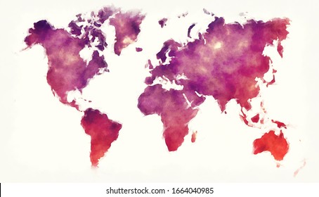 World watercolor map in front of a white background