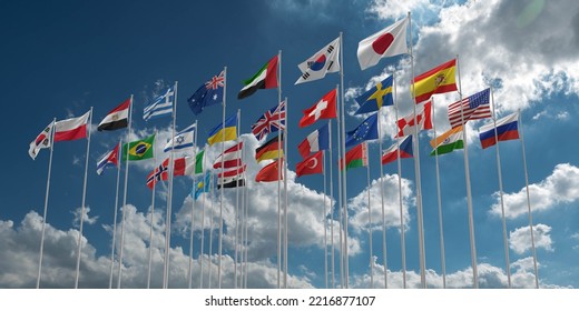 World Wide Earth Global Flag Around World National Blue Cloudy Sky Copy Space Country International Government Map Community Soccer Business Travel Europe America Eu Asia Festival.3d Render     