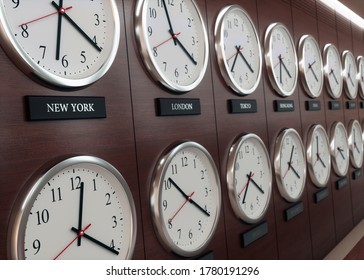 World wide time zone clock. Clocks on the wall, showing the time around the world. 3D illustration.