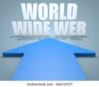 World Wide Web - 3d render concept of blue arrow pointing to text.