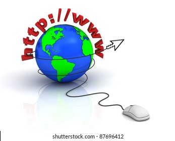World wide web internet concept, Earth globe with computer mouse and arrow cursor isolated on white background
