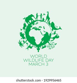 World Wildlife Day Poster with animals and planet earth green silhouette illustration. Green Planet Earth with fauna and flora icon. Group of animals icon. Environmental concept. Important day
