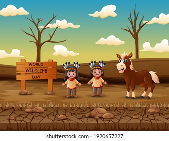 World Wildlife Day sign with children native Indian American - Powered by Shutterstock