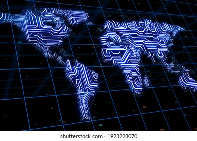 Worldwide big data concept with microcircuit world map scheme at abstract dark background. 3D rendering