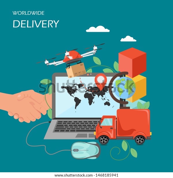 Worldwide\
delivery concept flat illustration. Computer with world map and\
location pin on monitor, drone delivering parcel, truck, globe,\
handshake. Delivery service poster,\
banner.