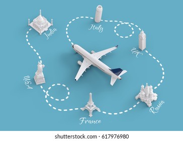 Worldwide flights and delivery concept. Traveling around the world by plane. Unusual 3d illustration