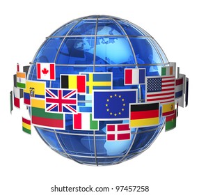 Worldwide international communication concept: cloud of colorful state flags around blue glass Earth globe isolated on white background