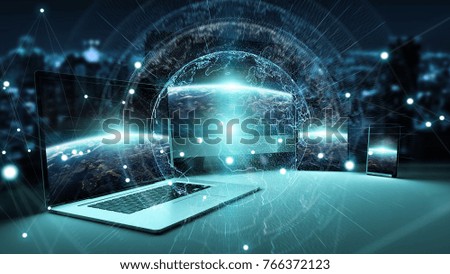 Worldwide server interface over modern tech devices in dark background 3D rendering