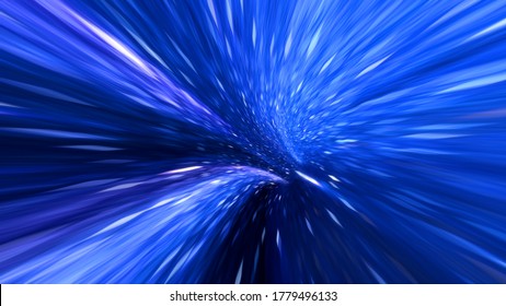 Wormhole straight through time and space, warp straight ahead through this science fiction. Abstract jump in space in hyperspace among stars. Data tunnel shuttle. Blue purple colorful. 3d rendering