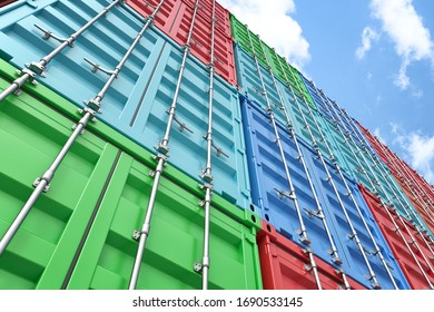 Worm's Eye View Of 3d Rendered Colorful Shipping Containers Stacked On One Another Making A Wall That Goes Up In Blue Sky. Intermodal Freight Transport. Modern Industries. Global Trade.