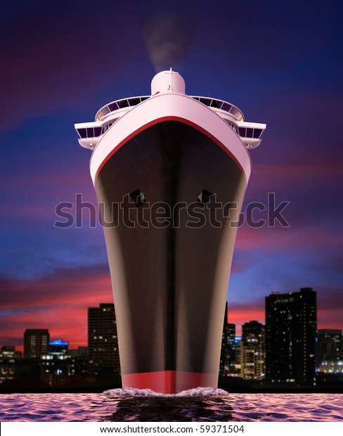 Worm\'s eye view of a retro luxury cruise ship\
shot at water level during a \
sunset.