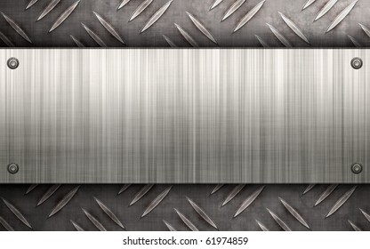 Worn diamond plate metal texture with a brushed aluminum plate riveted to it.  Makes a great layout or business card template. - Powered by Shutterstock