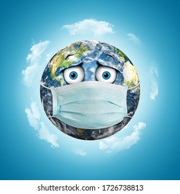 worried cartoon face Planet Earth with face mask protect. World medical concept.   
Coronavirus / Corona virus concept. world/ earth put mask to fight against Corona virus. 3D illustration