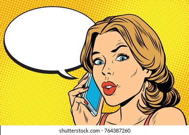 worried woman talking on the smartphone. Pop art retro comic book  illustration
