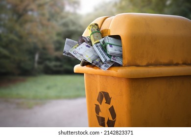 Worthless Money In A Garbage Can (3D Rendering)