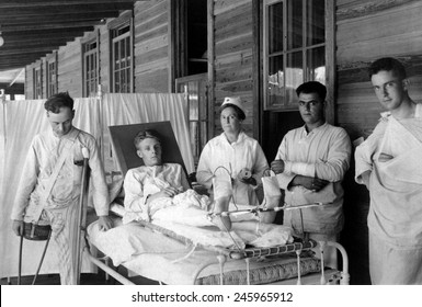 Wounded American WWI Veterans. They are surgical patients at the Base Hospital of Camp Joseph E. Johnston, Florida. Ca. 1918.