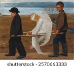 The wounded angel, 1903, by Hugo Simberg. Vintage woman illustration. Vintage woman art drawing illustration, woman lady, beautiful portrait. Old painting art print. Wounded angel landscape image.