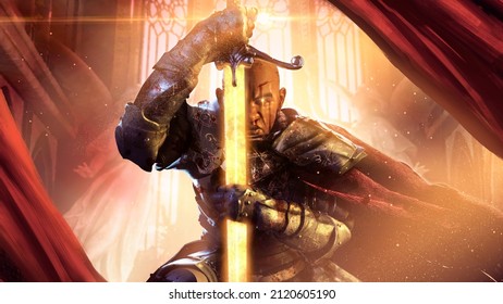 A wounded black paladin warrior in enchanted armor with a red cloak leans on a magic sword with a golden glow, looks with anger, he is stoic, guards the holy place without sparing himself 3d rendering