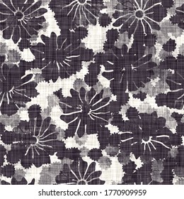 Woven fiber linen floral distressed blur texture background. Abstract aged distorted black white textile seamless pattern. Monochrome artistic flower all over print.